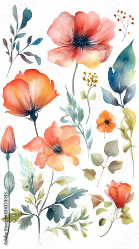 Watercolor illustration of isolated poppies of various colors  on white background. AI generated
