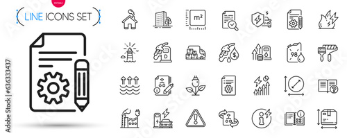 Pack of Documentation, Buildings and Power info line icons. Include Lighthouse, Algorithm, Circle area pictogram icons. Charging station, Eco power, Help signs. Square meter, Fuel price. Vector
