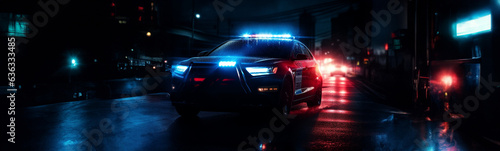 Polizeiauto im Einsatz mit Blinklichter Nachts in der Stadt als Querformat für Banner, ai generativ photo