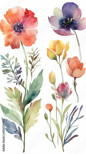 Watercolor illustration of isolated poppies of various colors, on white background. AI generated