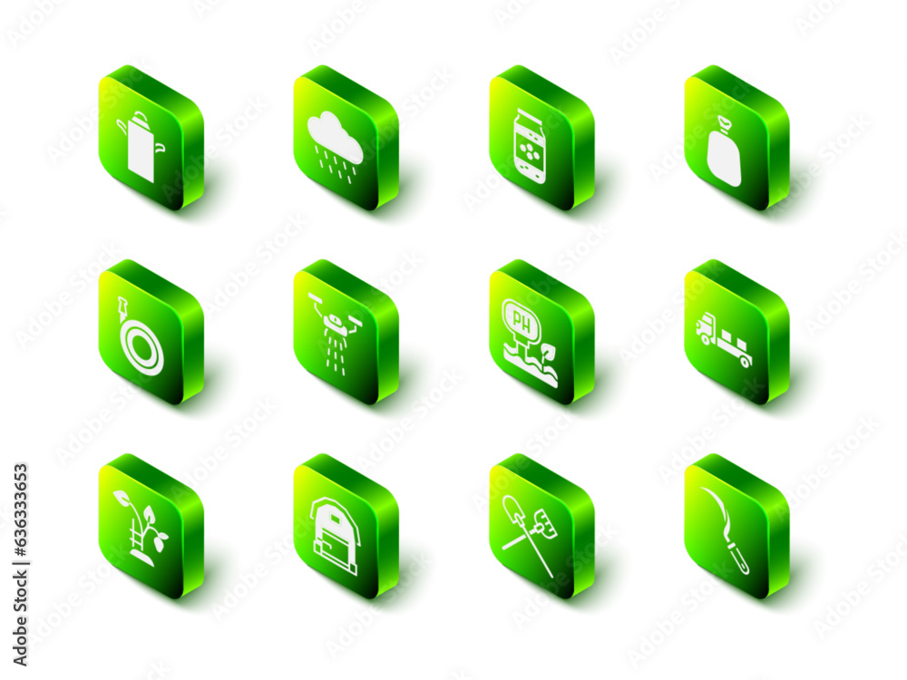 Set Cloud with rain, Jar of honey, Full sack, Pickup truck, Sickle, Soil ph testing, Shovel and Farm house icon. Vector Set Cloud with rain, Jar of honey, Full sack, Pickup truck, Sickle, Soil ph testing, Shovel and Farm house icon. Vector