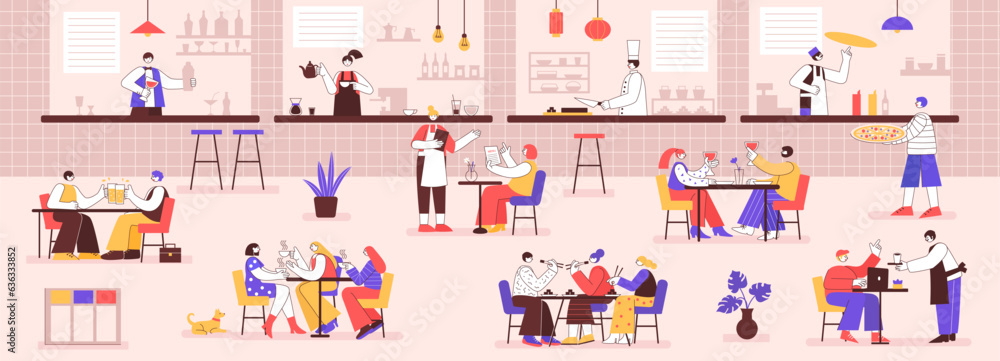 Food court. Busy restaurant hall with people eating, drinking together and talking. Visitors at cafe tables enjoying dinner vector illustration