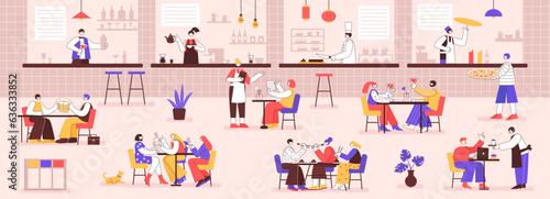 Food court. Busy restaurant hall with people eating, drinking together and talking. Visitors at cafe tables enjoying dinner vector illustration