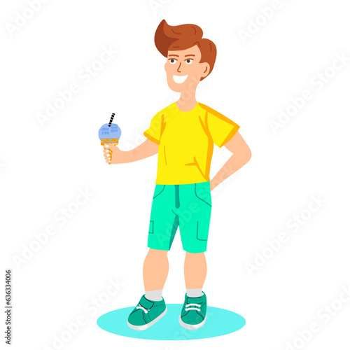 Boy Enjoying an Ice Cream. Summer vector illustration