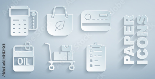 Set Hand truck and boxes, Credit card, Bottle of olive oil, Shopping list, bag with recycle and POS terminal credit icon. Vector