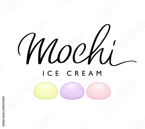 Mochi ice cream handwritten logo template. Elegant modern brush calligraphy label for Japanese traditional sweet soft dessert. Modern lettering. Vector illustration isolated on white background.
