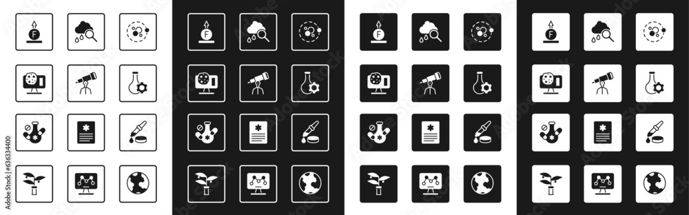 Set Atom, Telescope, Genetic engineering, Force of physic formula, Test tube, Cloud with rain, Pipette and Medicine pill icon. Vector Set Atom, Telescope, Genetic engineering, Force of physic formula, Test tube, Cloud with rain, Pipette and Medicine pill icon. Vector