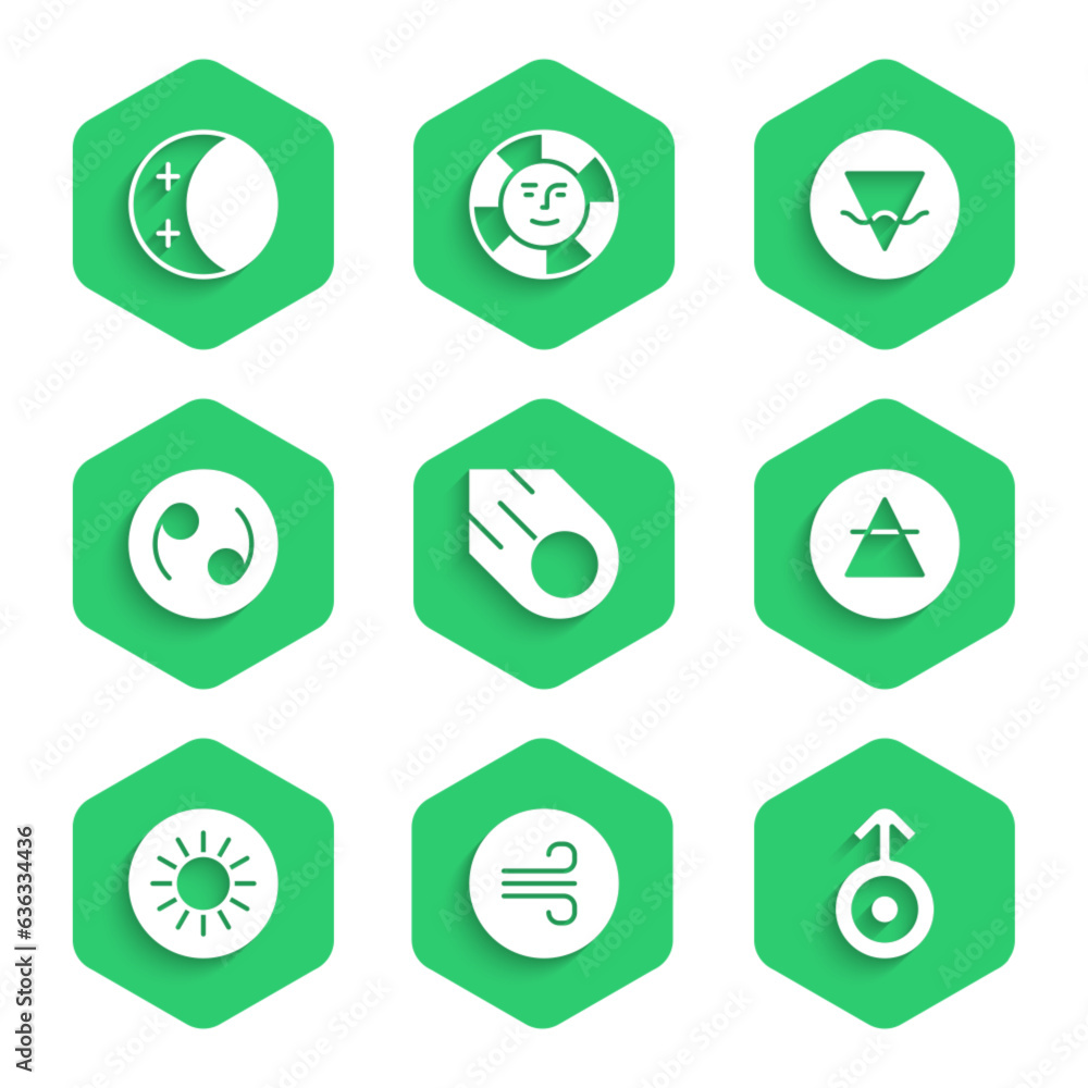 Set Comet, Windy weather, Symbol Uranus, Air element, Sun, Cancer zodiac, Earth and Eclipse of sun icon. Vector Set Comet, Windy weather, Symbol Uranus, Air element, Sun, Cancer zodiac, Earth and Eclipse of sun icon. Vector