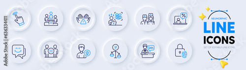 Online tax, Doctor and Person idea line icons for web app. Pack of Discrimination, Clean hands, Business podium pictogram icons. Ethics, Smile face, Fingerprint lock signs. Neumorphic buttons. Vector