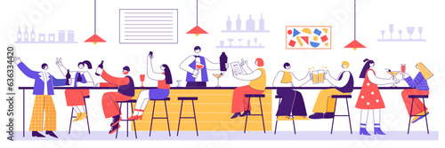Bar party. People drinking at restaurant bar counter, celebration at pub interior and alcohol cocktails from bartender vector illustration