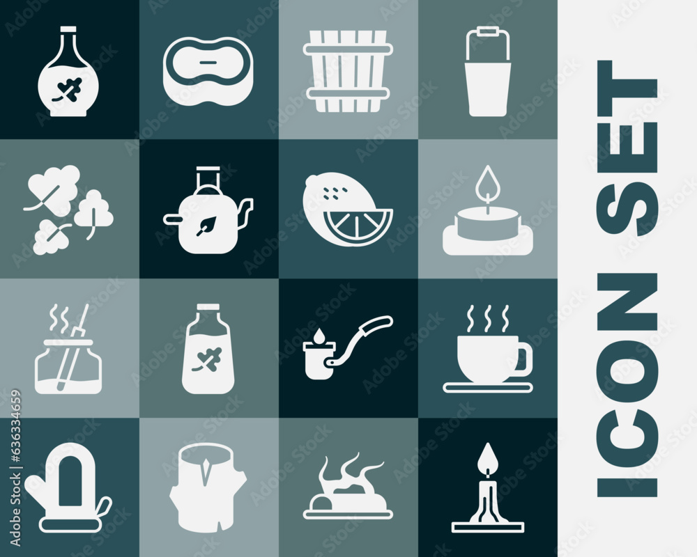 Set Burning candle, Cup of tea, Aroma, Sauna bucket, Teapot with leaf, Oak, Essential oil bottle and Lemon icon. Vector Set Burning candle, Cup of tea, Aroma, Sauna bucket, Teapot with leaf, Oak, Essential oil bottle and Lemon icon. Vector