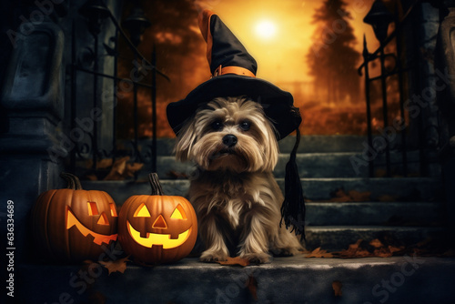 Cute Yorkshire Terrier with a witch hat and Halloween pumpkin lanterns at the gate of a haunted house, Halloween dog at night