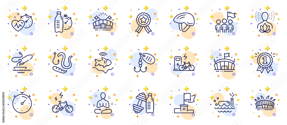 Outline set of Scuba diving, Yoga and Worms line icons for web app. Include Timer, Fishing lure, Arena pictogram icons. Electric bike, Boat fishing, Winner flag signs. Bicycle helmet. Vector Outline set of Scuba diving, Yoga and Worms line icons for web app. Include Timer, Fishing lure, Arena pictogram icons. Electric bike, Boat fishing, Winner flag signs. Bicycle helmet. Vector