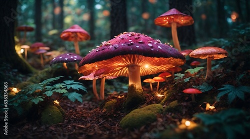 Magic mushrooms growing in the forest at night. Beautiful nature background.