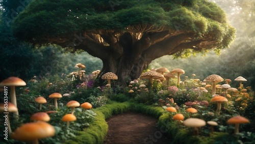 Fantasy forest with big tree and magic mushrooms. ai generated