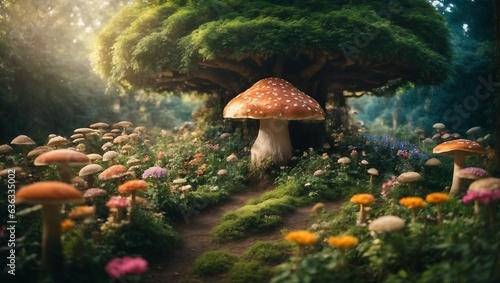 Garden decoration in the form of a tunnel with mushrooms and trees