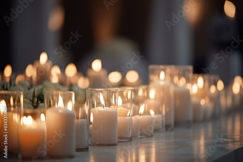 Candles casting gentle light on a wedding ceremony with a blurred background scene. Generative AI