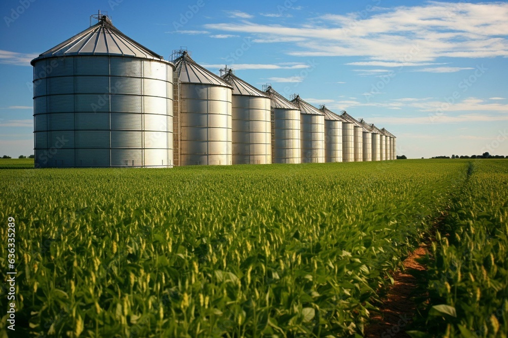 Soybean field, grain storage silos, summer, USA. Generative AI Stock ...