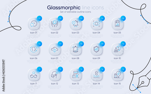 Set of Medical mask, Update time and Medical tablet line icons for web app. Cloud protection, Charging station, Yoga icons. Face id, Reminder, Employee hand signs. Report. Vector