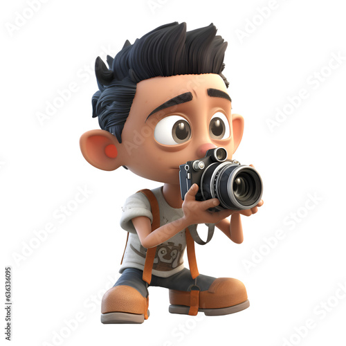 3D illustration of a cartoon character with a camera. Isolated white background. photo