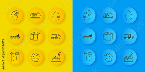 Set line Canister for gasoline, Oil tanker ship, industrial factory building, Tanker truck, Bio fuel, drop and icon. Vector