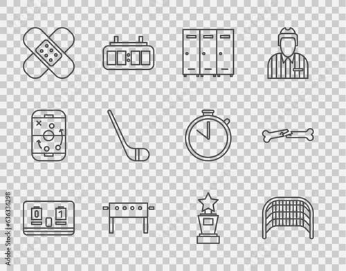 Set line Hockey mechanical scoreboard, Ice hockey goal, Locker changing room, table, Crossed bandage plaster, stick, Award cup and Human broken bone icon. Vector