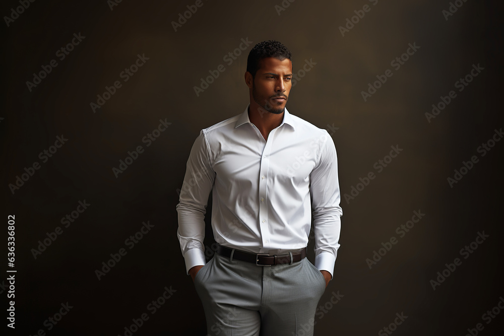 Fototapeta premium Man Posing in White Dress Shirt or Pants. Elegance and Confidence Defined. Generative Ai