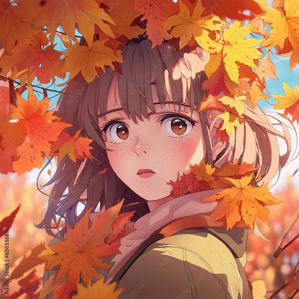 Generative AI, a cute and beautiful anime girl adorning a warm and beautiful autumn charm Surrounded by fallen leaves and flowers dancing in the breeze, cute anime girl, autumn girl, autumn anime girl