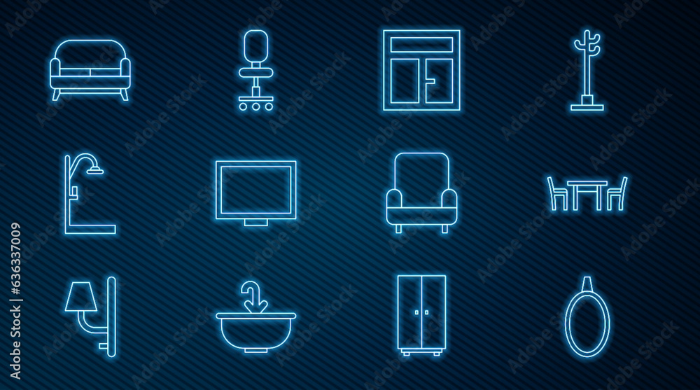 Set line Mirror, Wooden table with chair, Window in the room, Picture frame on, Shower, Sofa, Armchair and Office icon. Vector Set line Mirror, Wooden table with chair, Window in the room, Picture frame on, Shower, Sofa, Armchair and Office icon. Vector