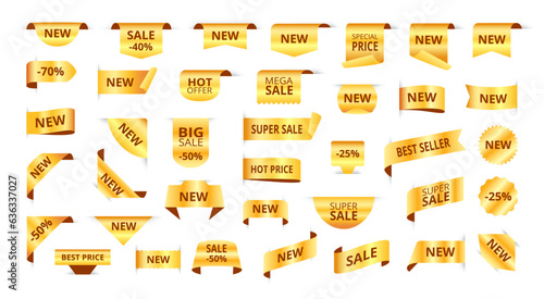 Golden tags. New label ribbons, gold sale sticker and discount badges. Promotion offer banners vector bundle