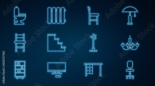 Set line Office chair, Chandelier, Chair, Staircase, Toilet bowl, Coat stand and Heating radiator icon. Vector