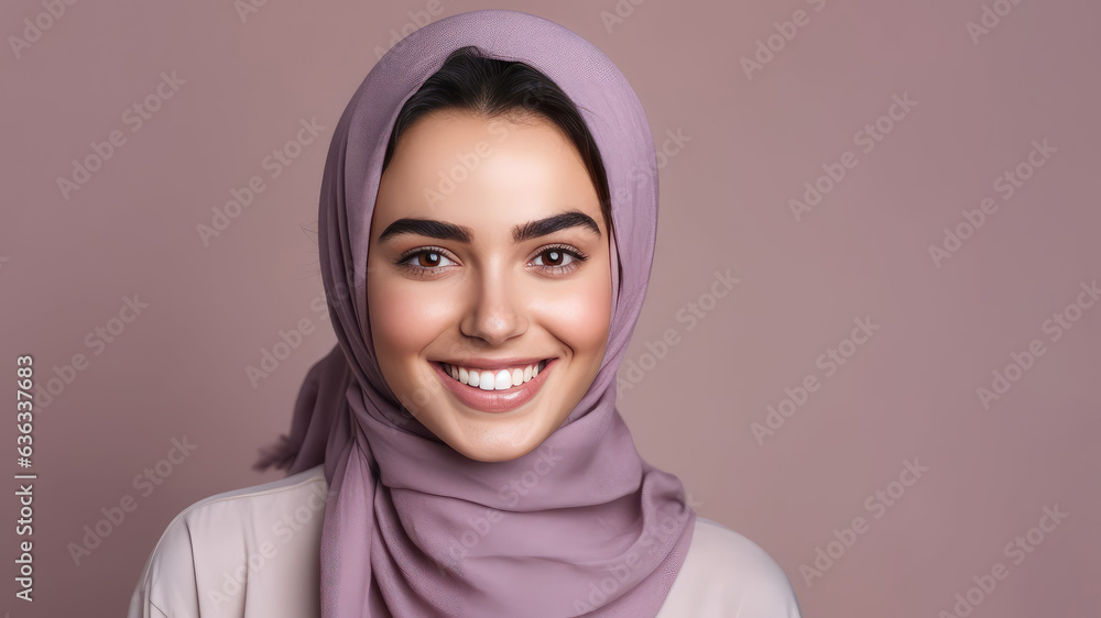 Middle Eastern teen girl smiling, lilac color theme Middle Eastern teen girl smiling, lilac color theme