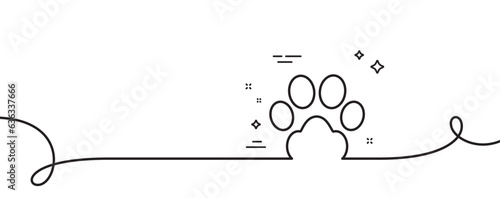 Dog paw line icon. Continuous one line with curl. Pets care sign. Animal step symbol. Dog paw single outline ribbon. Loop curve pattern. Vector