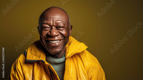 African man in 70s smiling, yellow rain jacket