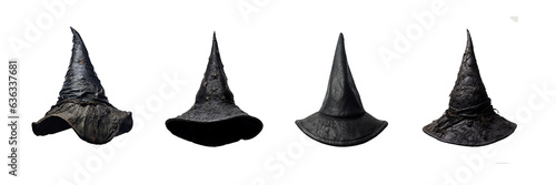 Fotografiet Set of four Halloween black pointed witch or wizard hats isolated on transparent