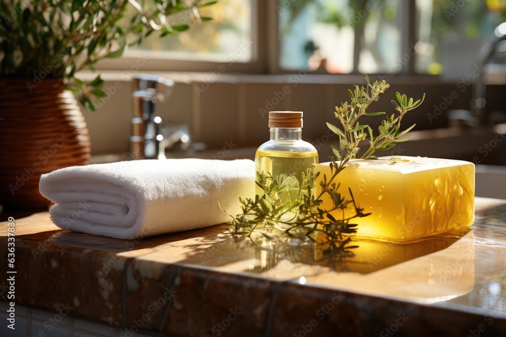 Natural olive soap, olive oil and a towel on a countertop in a sunlit bathroom. Generative AI