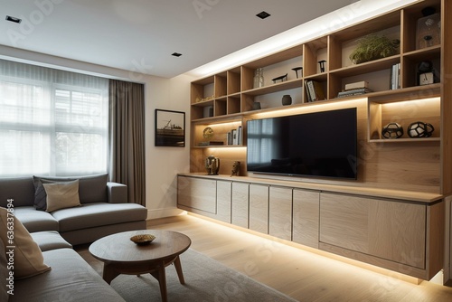 Traditional wooden storage and compact TV in a modern living space. Generative AI