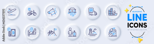 Diesel station, Parking payment and Bicycle parking line icons for web app. Pack of Baggage, Plane, Food delivery pictogram icons. Map, Route, Lighthouse signs. Inventory, Dog leash. Vector