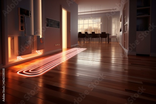 Heating system beneath wooden flooring. Rendered visual. Generative AI
