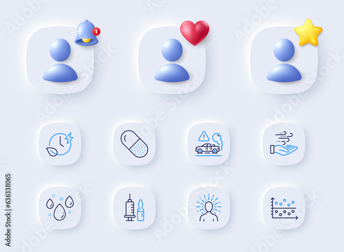 Dot plot, Exhaust and Medical vaccination line icons. Placeholder with 3d bell, star, heart. Pack of Capsule pill, Yoga, Rainy weather icon. Wind energy, Charging time pictogram. Vector