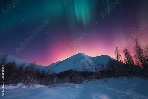 Colorful sky with aurora borealis over a winter dark snowy mountain landscape. Generative AI © Delphine