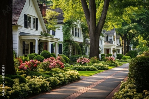 Picturesque Greenwich, CT sidewalk with charming homes. Generative AI