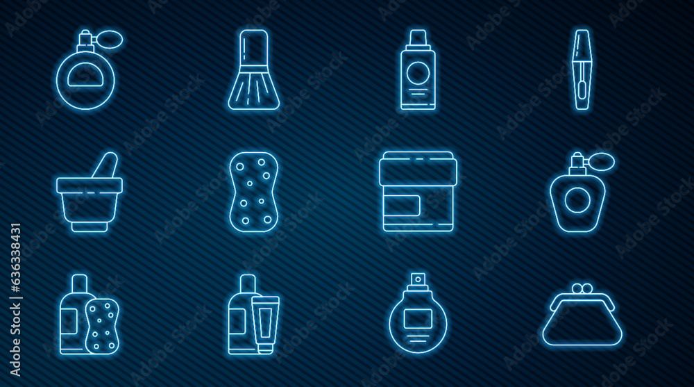 Set line Clutch bag, Perfume, Bottle of shampoo, Sponge with bubbles, Mortar and pestle, Cream lotion cosmetic tube and Makeup brush icon. Vector Set line Clutch bag, Perfume, Bottle of shampoo, Sponge with bubbles, Mortar and pestle, Cream lotion cosmetic tube and Makeup brush icon. Vector