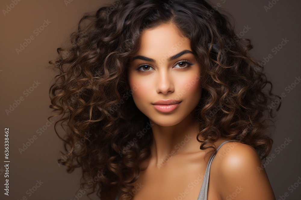 Generative IA picture portrait of young mixed race girl natural beauty stunning curls over light pastel color background