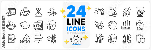 Icons set of Fahrenheit thermometer, Bike app and Sun protection line icons pack for app with Stress grows, Face attention, Thermometer thin outline icon. Hypoallergenic tested, Mint tea. Vector
