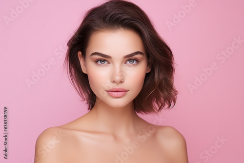 Generative IA picture of young girl natural beauty spa salon concept over pink pastel color background
