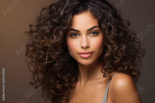 Generative IA picture portrait of young mixed race girl natural beauty stunning curls over light pastel color background