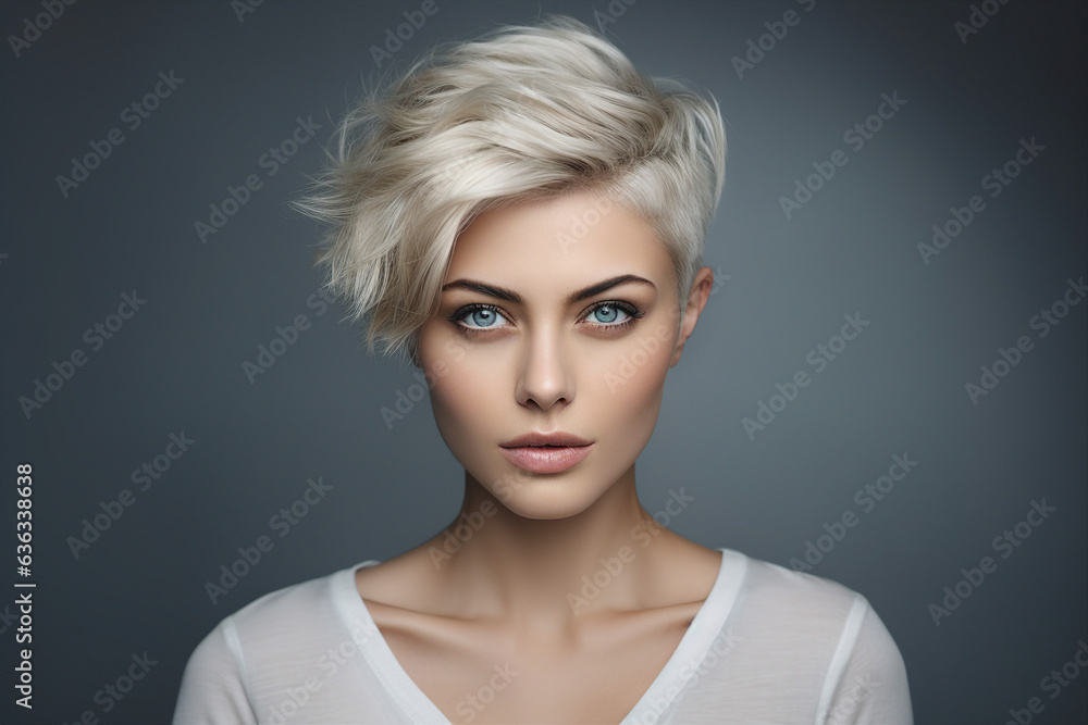 Generative AI illustration picture of charming blonde young model woman fashionable hairdress dyed hair style Generative AI illustration picture of charming blonde young model woman fashionable hairdress dyed hair style