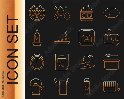 Set line Sauna bucket and ladle, Bar of soap with foam, Cream or lotion cosmetic tube, Scented spa stick, Burning candle, Leaf plant nature and Aroma lamp icon. Vector