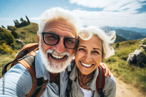 Generative AI illustration of nice aged couple traveling together making selfies beautiful landscape view admire nature feel young